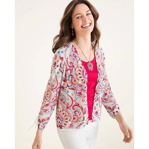 Chicos Multi Print Ruched Sleeve Cardigan Sweater 3/4 Sleeves Size 1 (US…